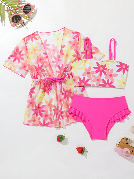 Young Girl Floral Print Ruffle Trim Bikini Set With Kimono Summer Beach