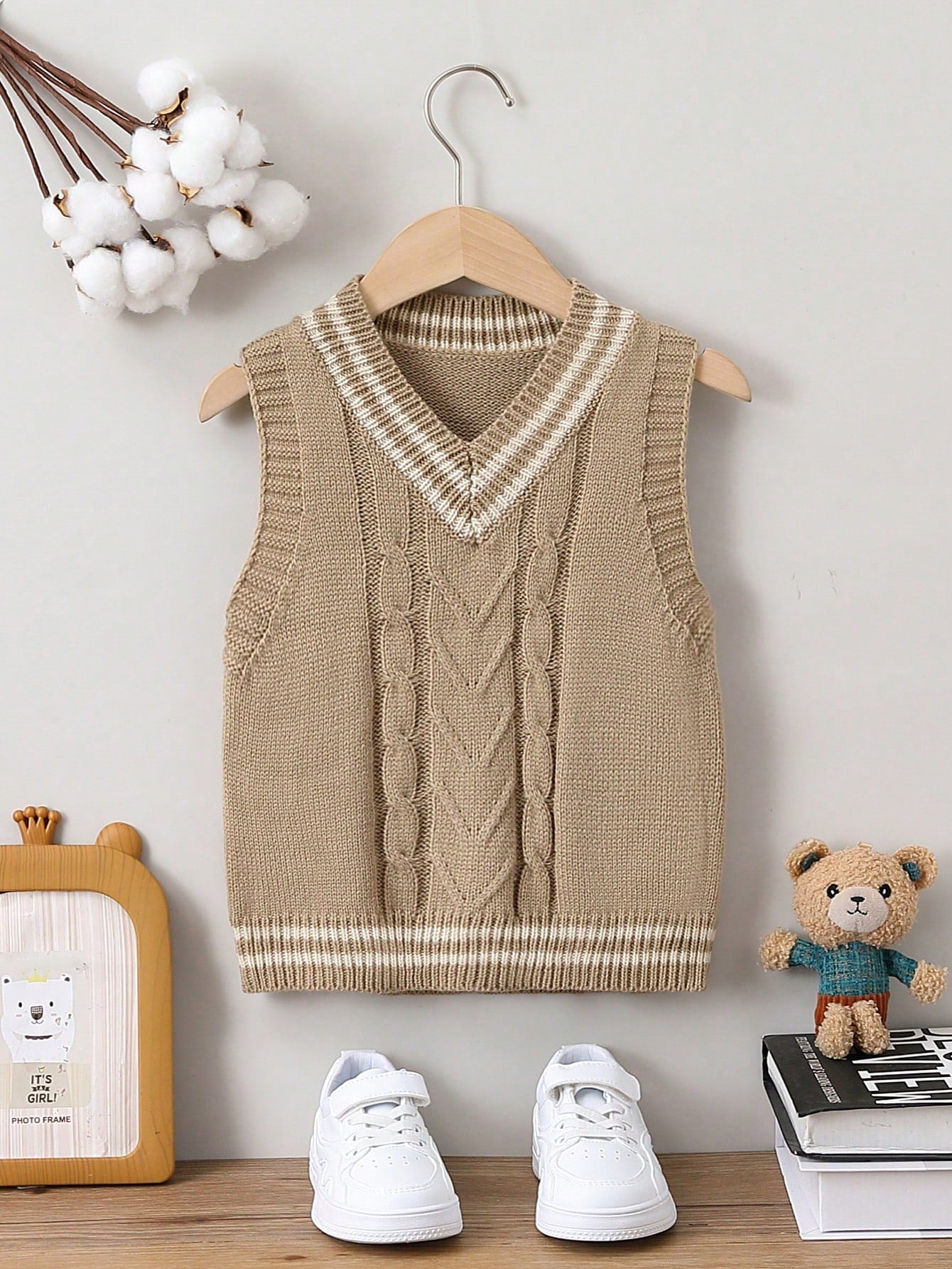 Young Boy Striped Trim Cable Knit Sweater Vest