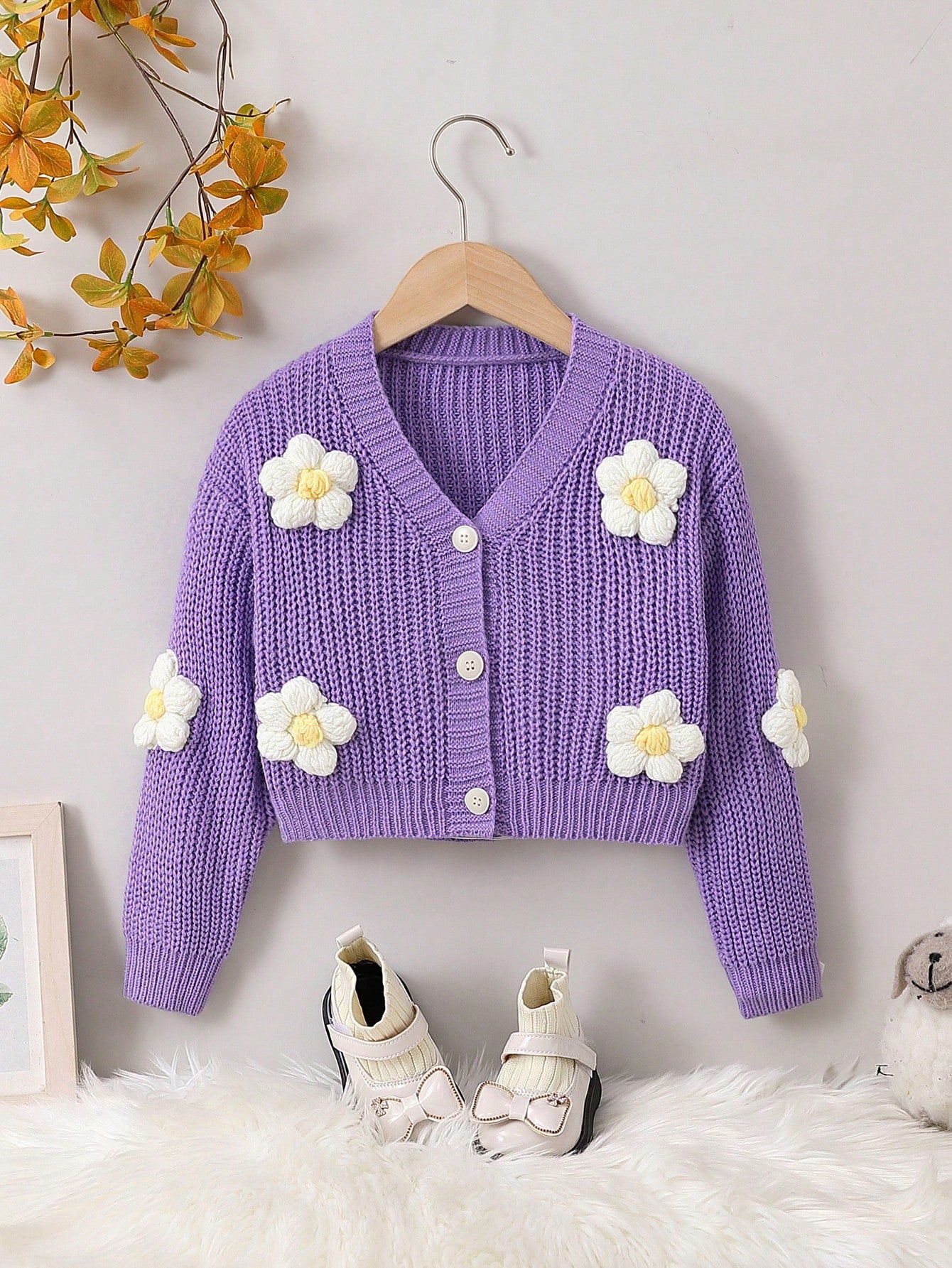 Young Girl 3D Flower Button Up Ribbed Knit Cardigan For Spring And Autumn