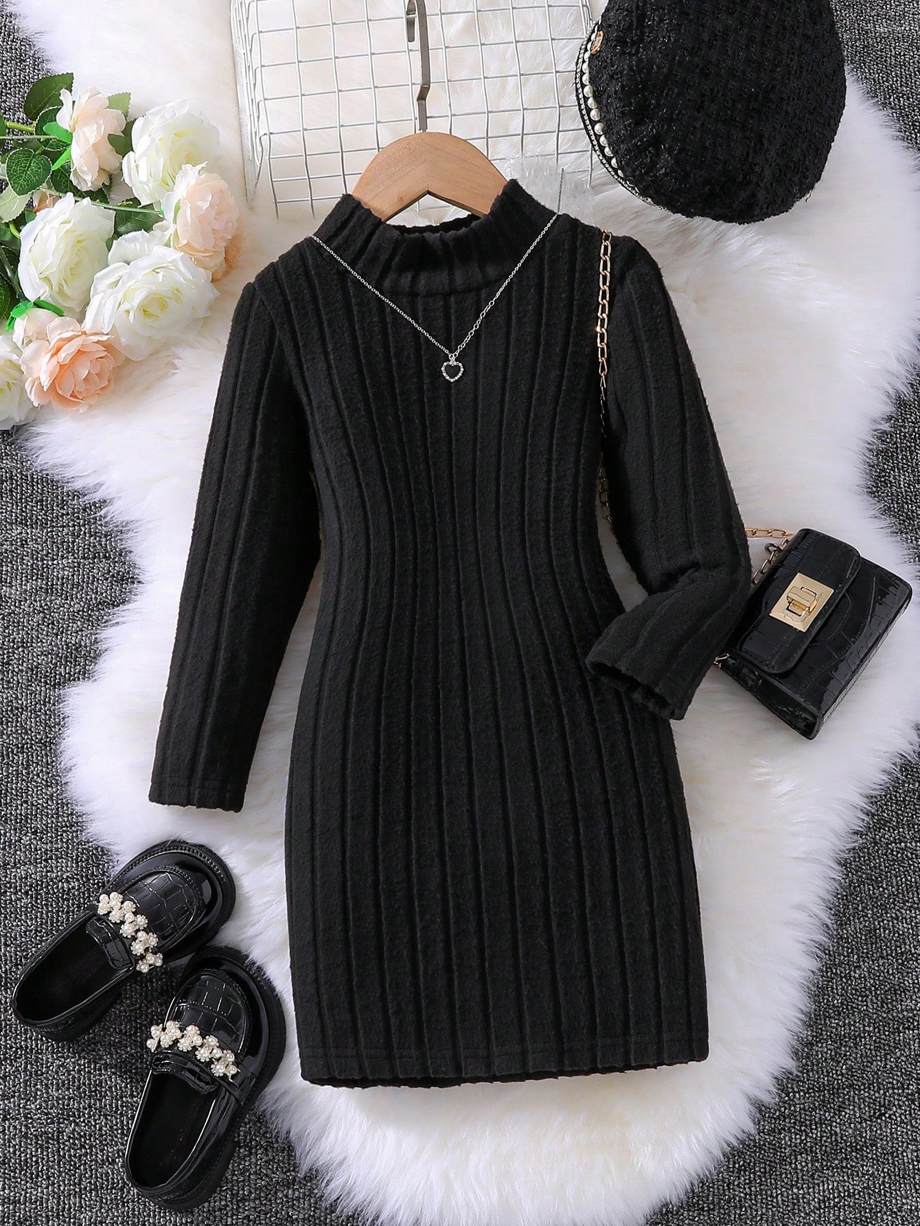 Young Girl Mock Neck Ribbed Knit Dress