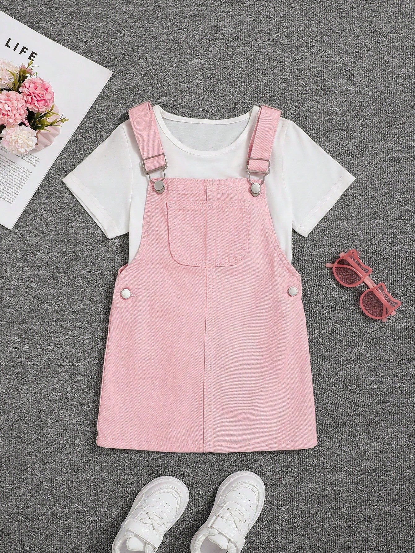 Young Girl Patched Pocket Overall Denim Dress Without Tee