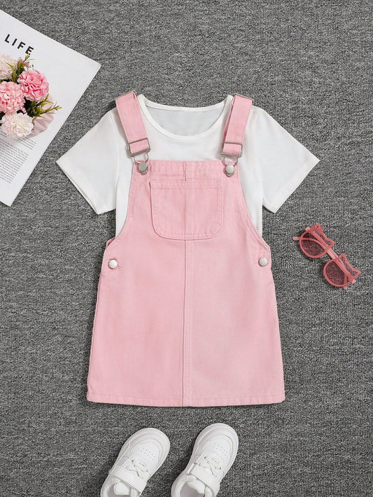 Young Girl Patched Pocket Overall Denim Dress Without Tee