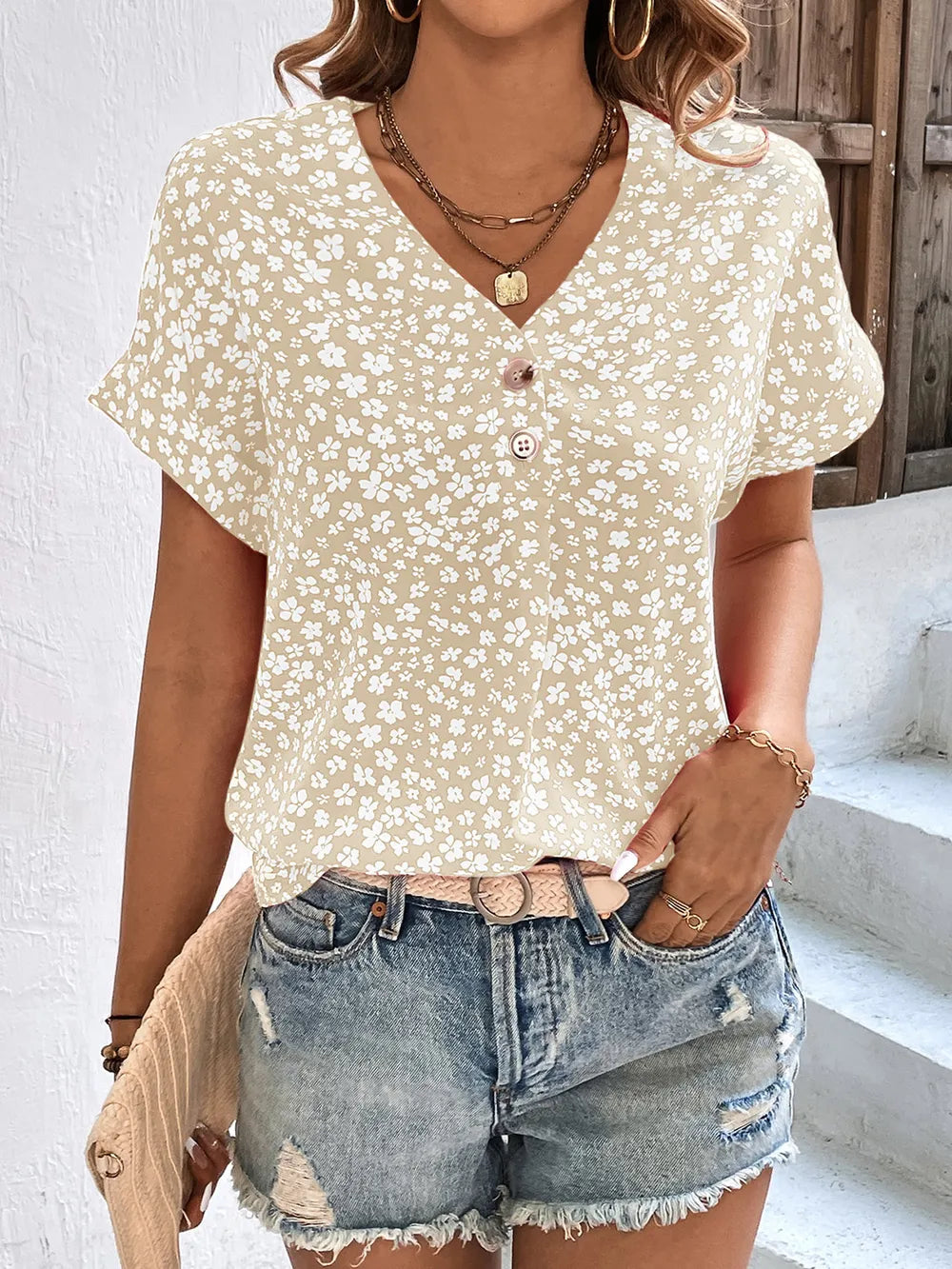 Printed V-Neck Short Sleeve Blouse