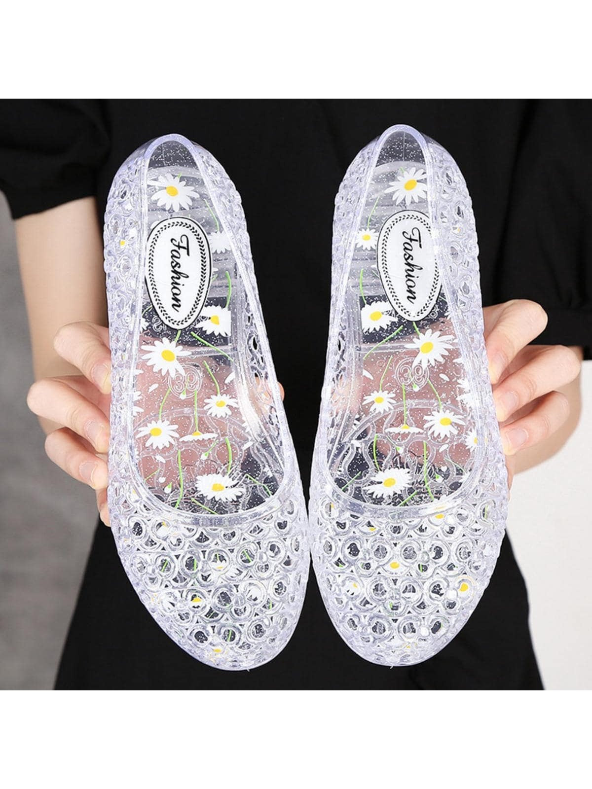 Women Low-Heel Jelly Closed Toe Sandals Wedge Anti-Slip Crystal Hollow-Out Shoes