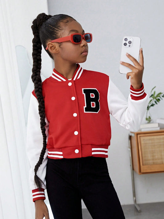 Tween Girl Letter Patched Striped Trim Colorblock Varsity Jacket