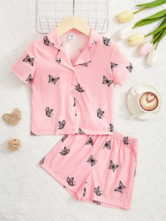 Young Girl Butterfly Print Lapel Neck PJ Set