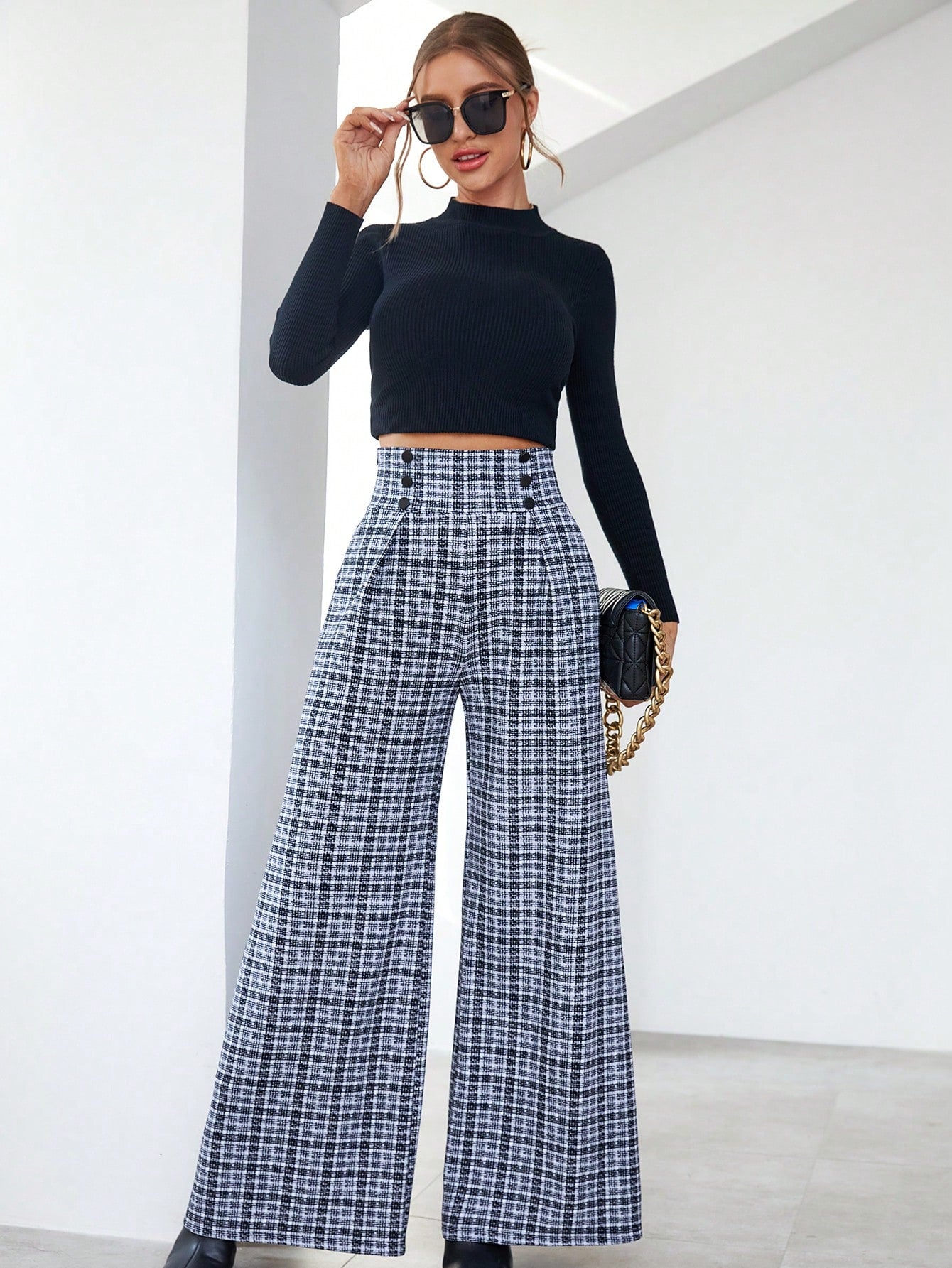 Plaid Print Button Detail Suit Pants