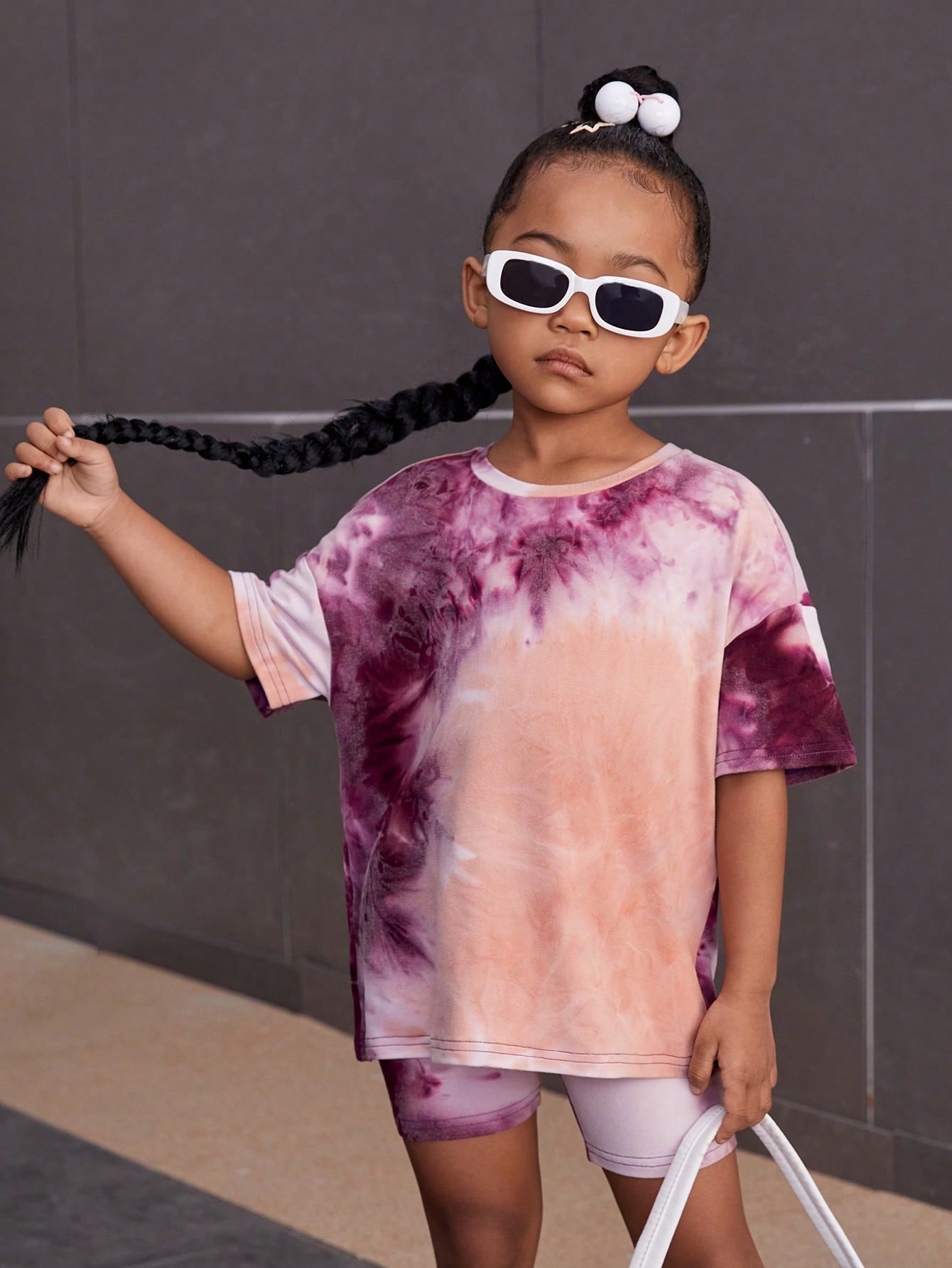 Young Girl Casual Round Neck Tie-Dye Drop Shoulder T-Shirt & Cycling Shorts Set