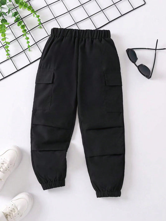 Young Girl Black Solid Color Fashionable Casual Workwear Pocket Detail Folded Hem Pants, Summer/autumn