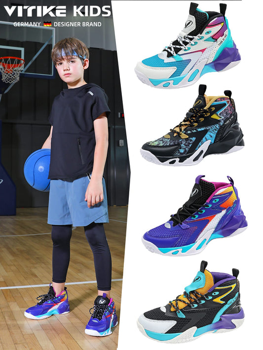 Kids Basketball Shoes Boys Air Cushion Sneakers Girls Mid Top School Training Shoes Non-Slip Outdoor Sports Shoes Comfortable Boys Running Shoes Durable Little Kid/Big Kid