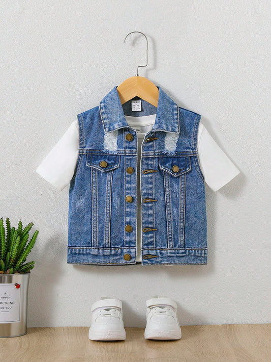 Young Boy Ripped Frayed Flap Detail Denim Vest Jacket Without Tee