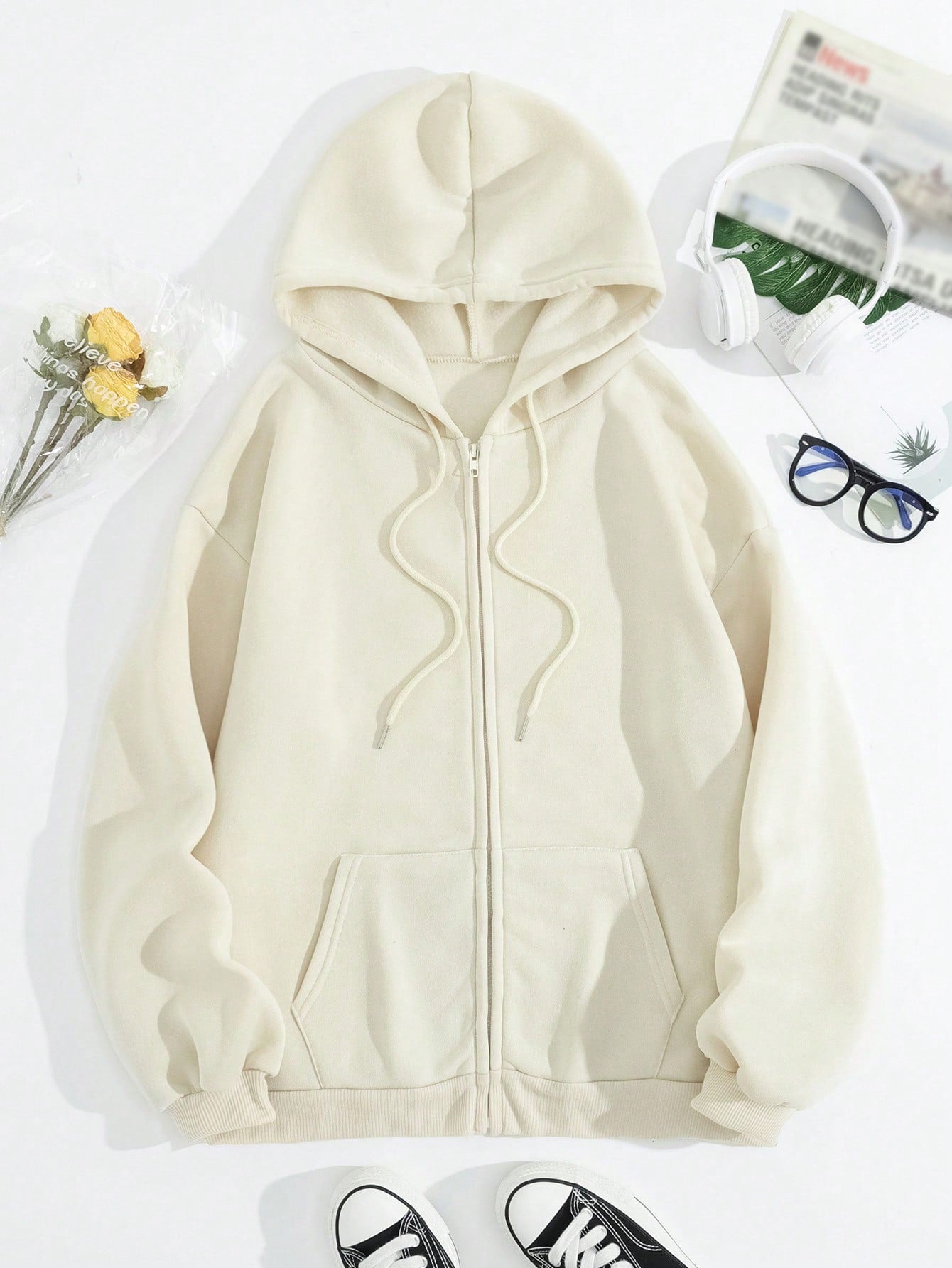 Solid Drop Shoulder Zip Up Drawstring Hoodie