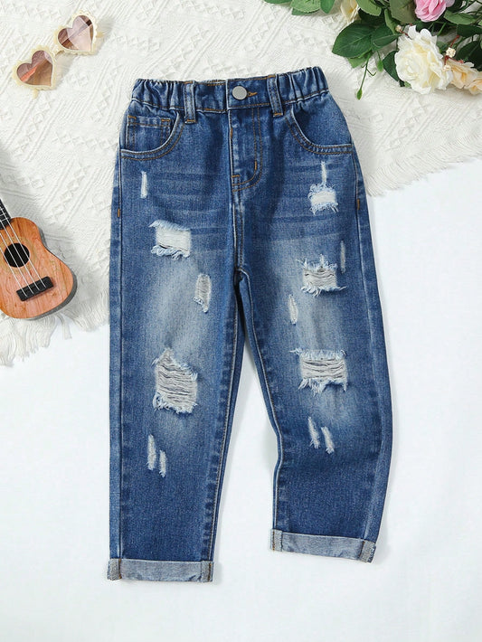 Young Girl Neutral Casual Daily Fully Elastic Waist Ripped Flat Pockets Baggy Jeans