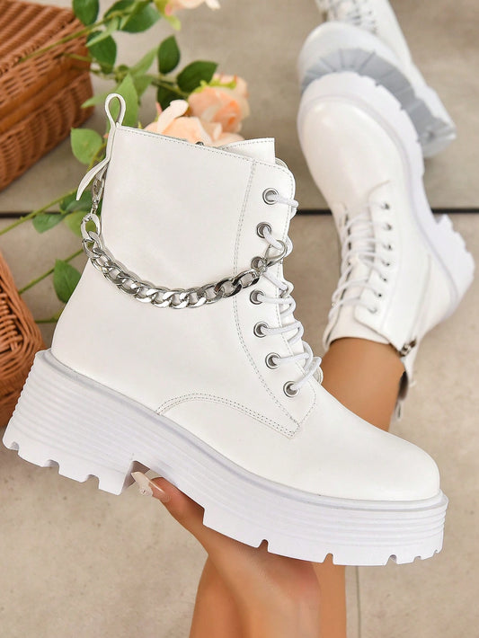 Chain Decoration Lace-up Front Combat Boots For Women, Fashionable