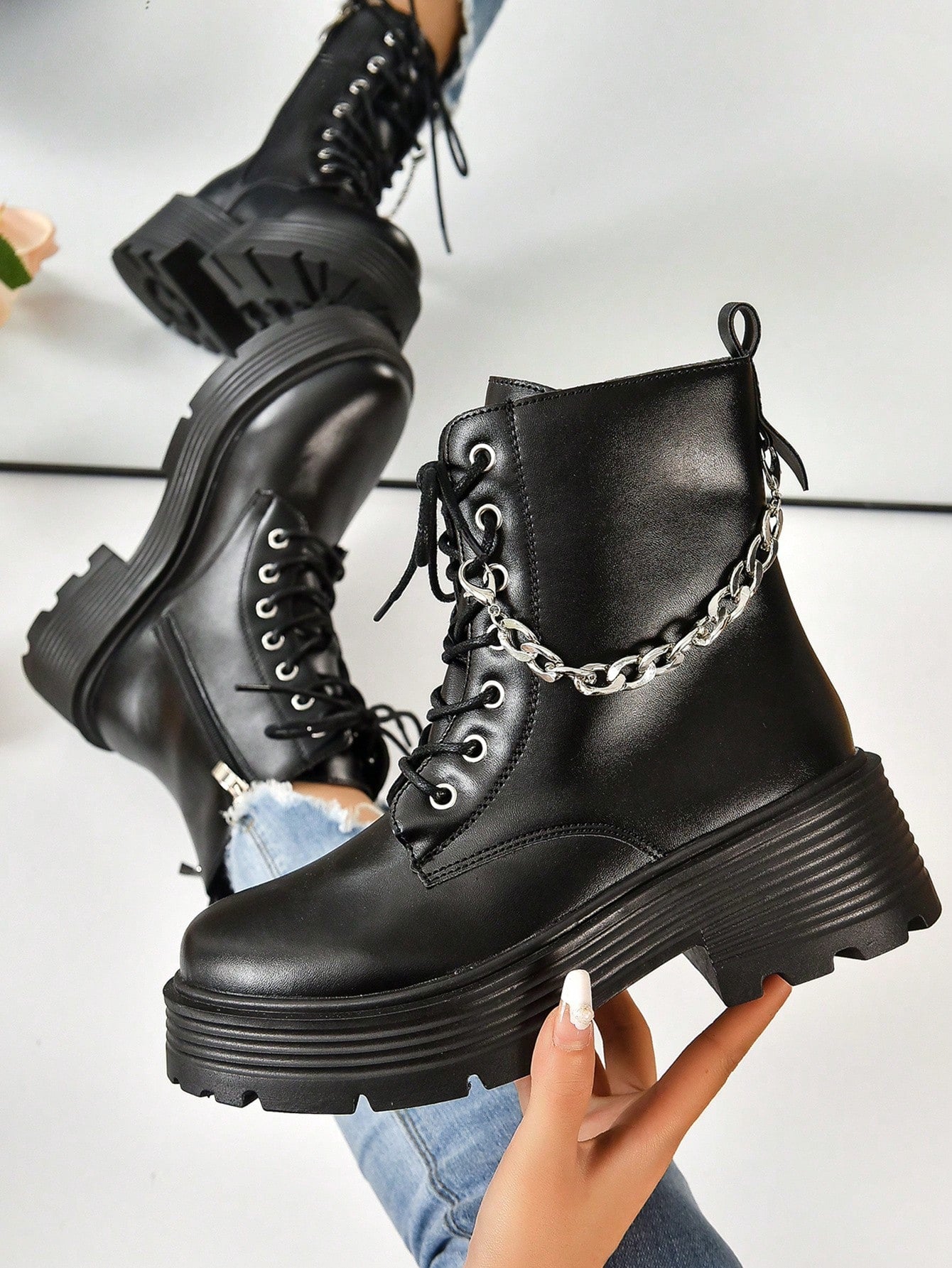 Chain Decoration Lace-up Front Combat Boots For Women, Fashionable