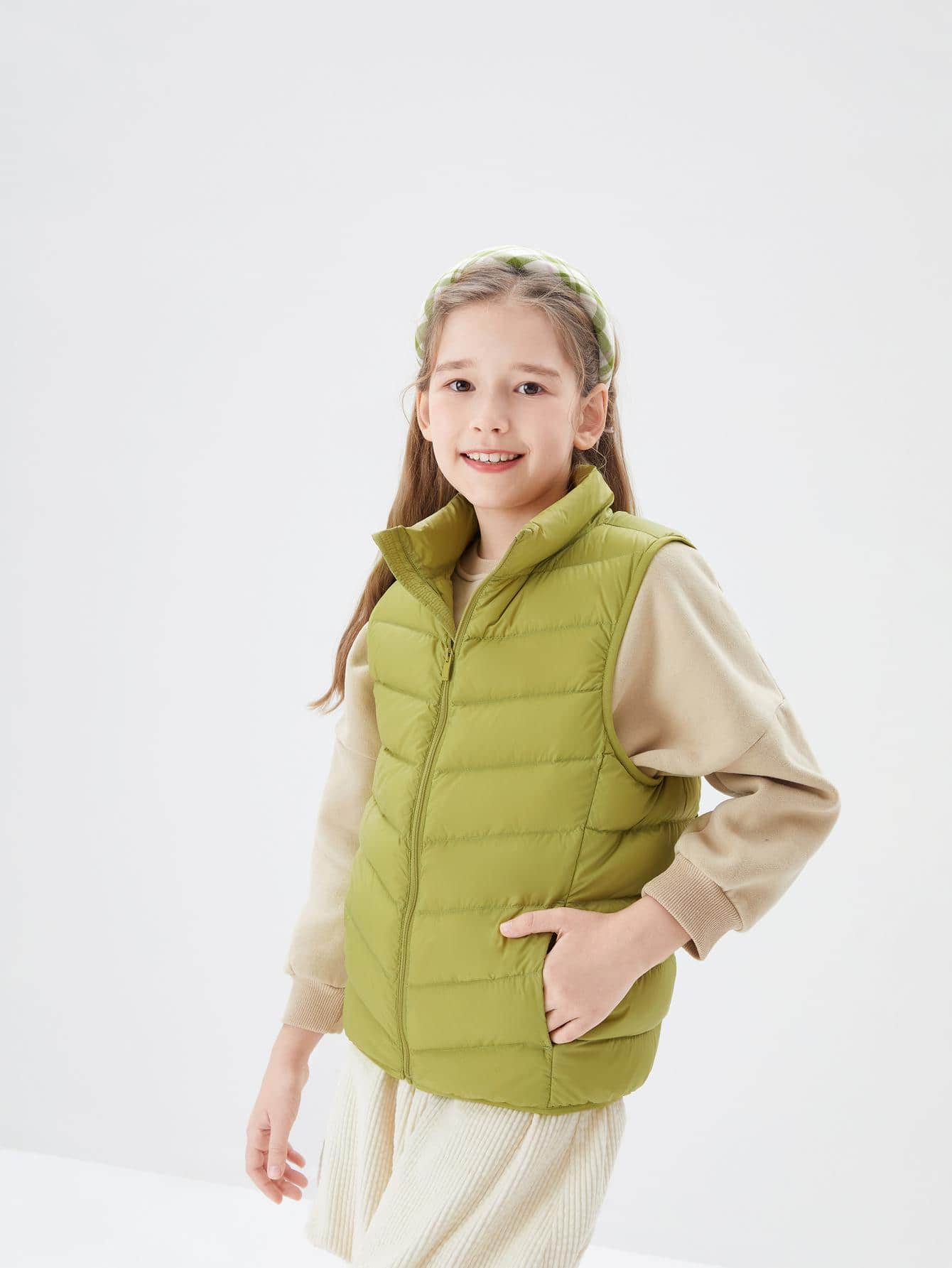 Tween Girl Winter Zipper Stand Collar Lightweight Warm Vest Down Coat Green