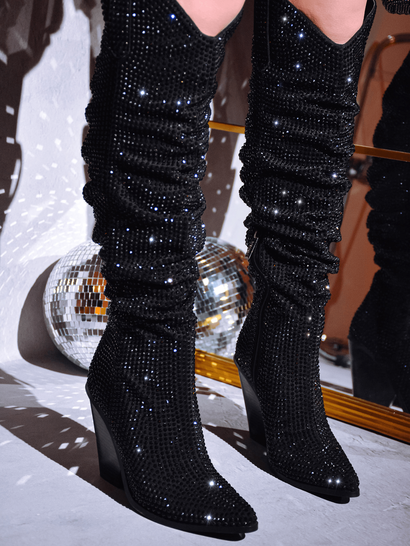 Cape Robbin Diamante Pointed Toe Black Rhinestone Boots