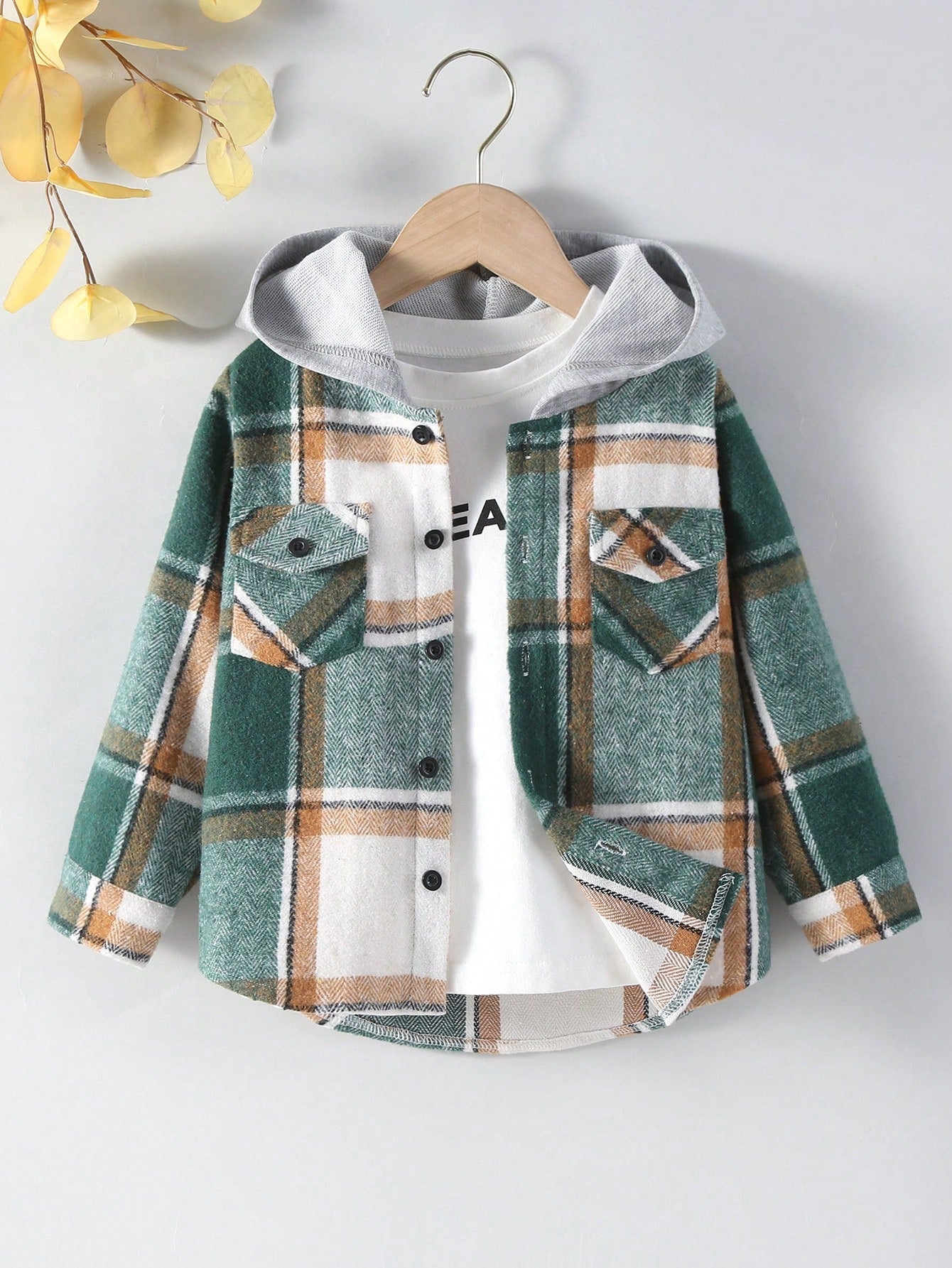 Young Boy Plaid Print Hooded Coat Without Tee