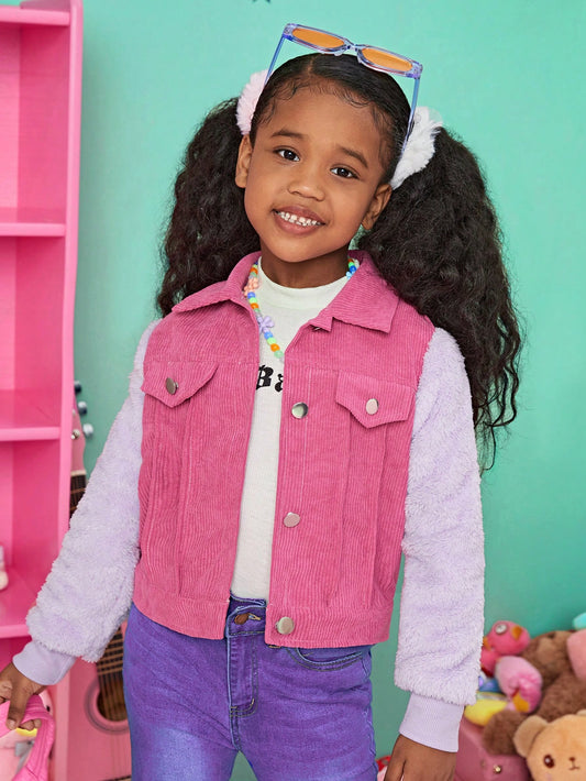 Tween Girl Contrast Teddy Sleeve Flap Detail Corduroy Jacket