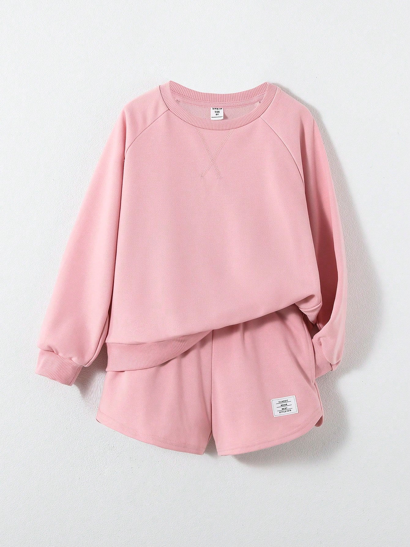 Tween Girl Letter Patched Raglan Sleeve Pullover & Shorts