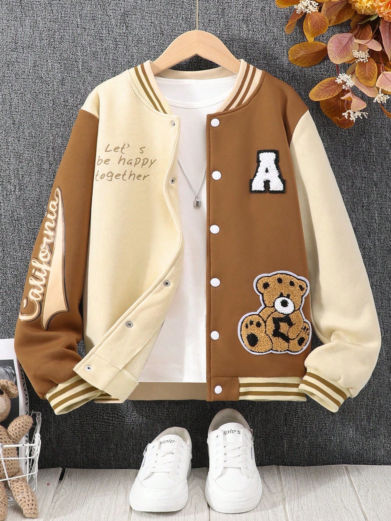 Teen Girl Spring/Autumn Casual Baseball Collar Jacket With Letter, Teddy Bear And Star Patches Long Sleeve Coat