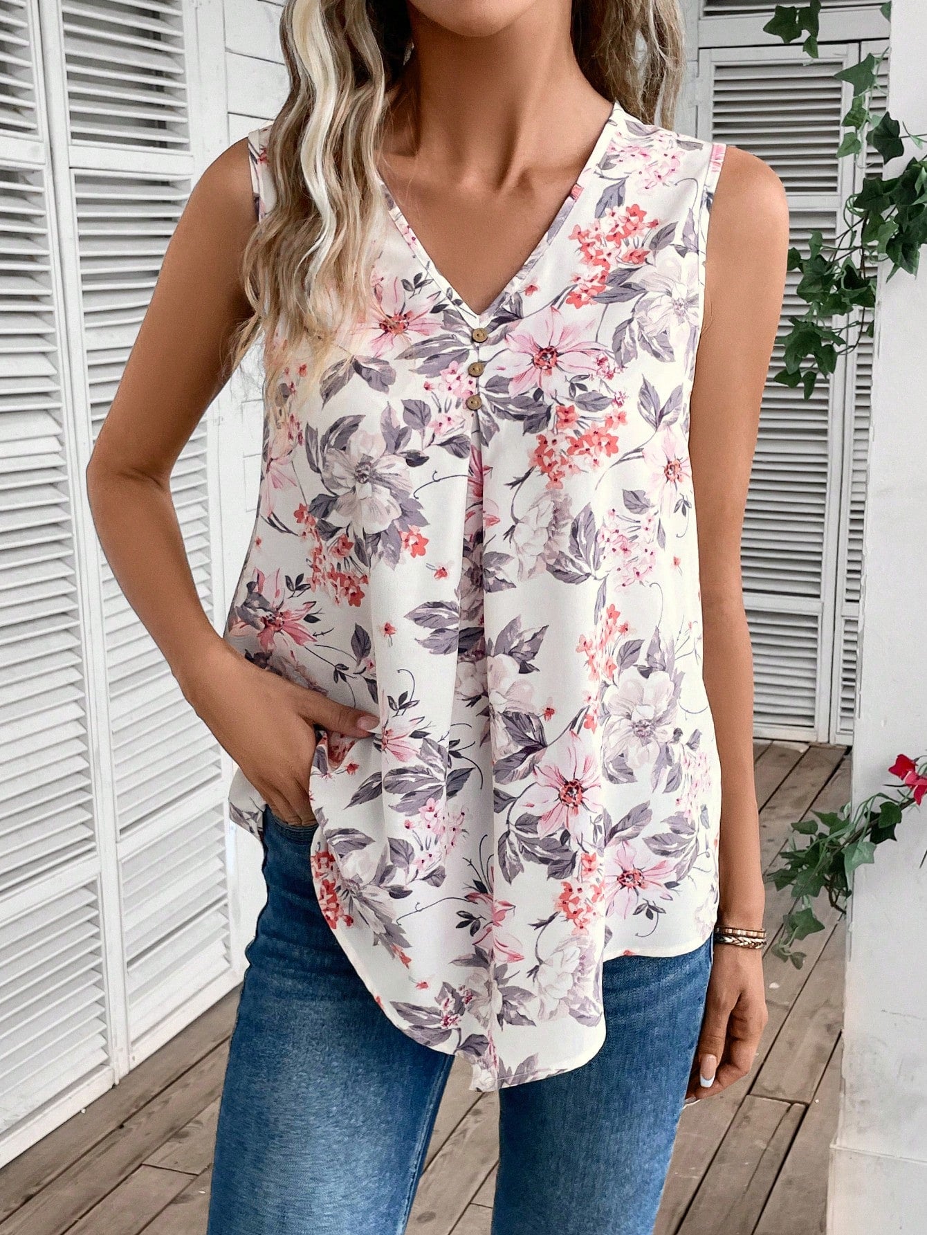 Floral Print V Neck Sleeveless Blouse