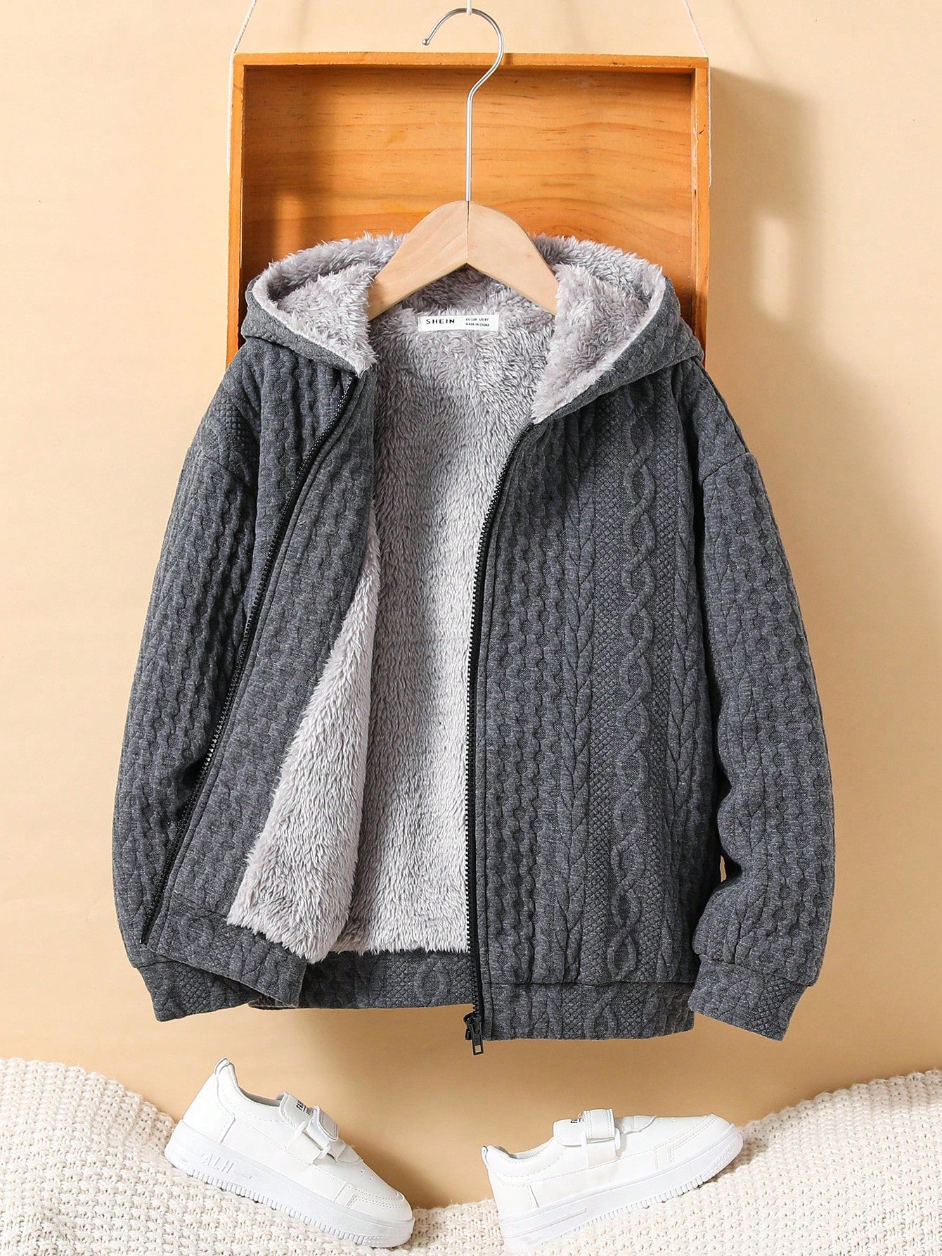 Tween Boy Casual Hooded Knitted Jacket With Fleece Lining, Mid-thickness, Zipper Front