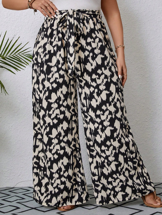 Plus Allover Print Belted Wide Leg Summer Pants Flowy Pants