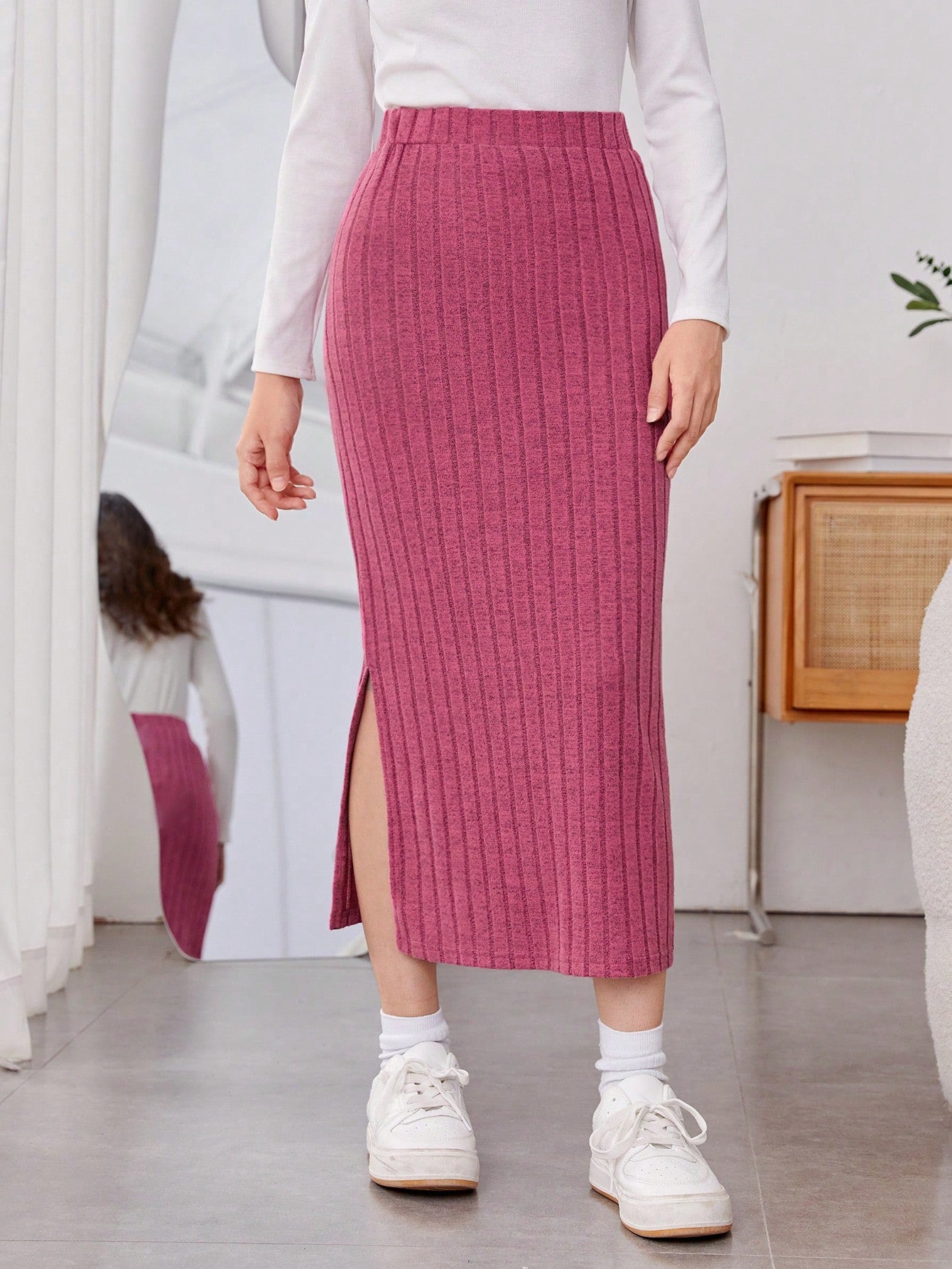 Tween Girl Split Hem Ribbed Knit Skirt