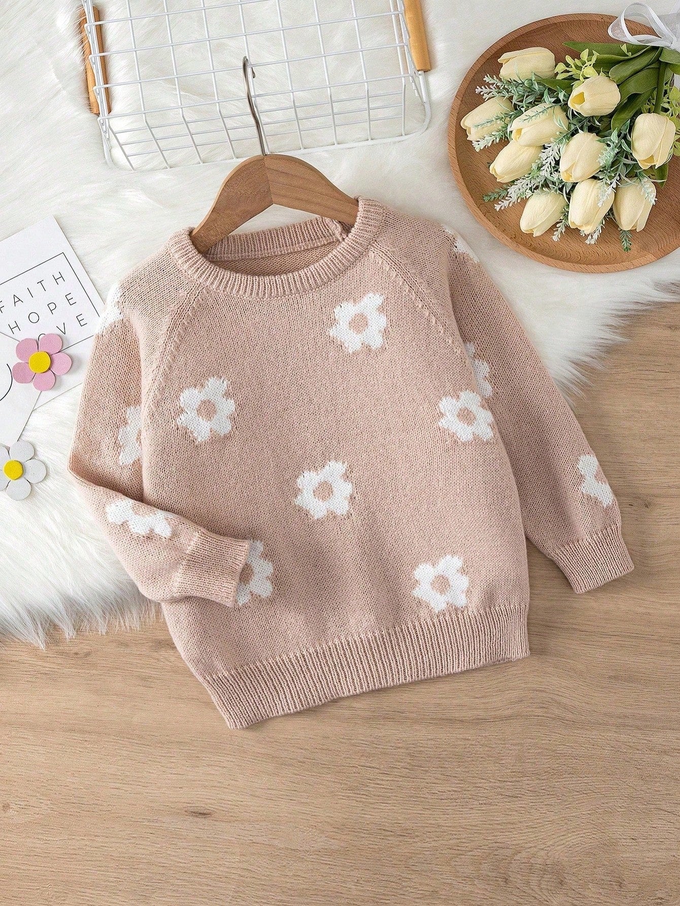 Girls (Small) Round Neck Long Sleeve Floral Pattern Sweater, Casual Daily Wear