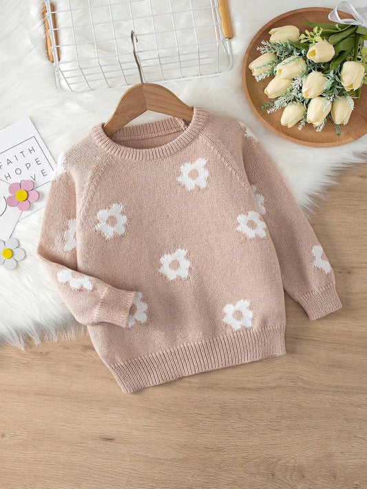 Young Girl Floral Pattern Raglan Sleeve Sweater