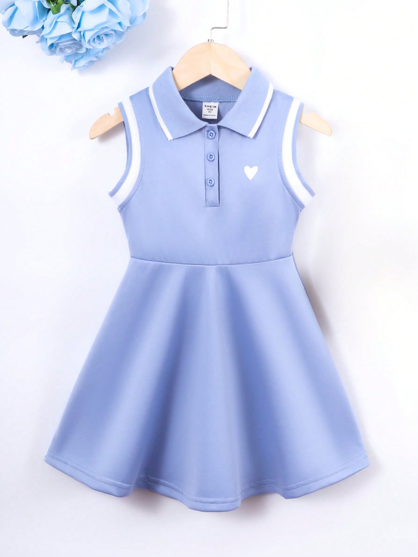 Young Girl Preppy Style Heart-Shaped Print Striped Trim Ribbed Collar Sleeveless Dress For Summer