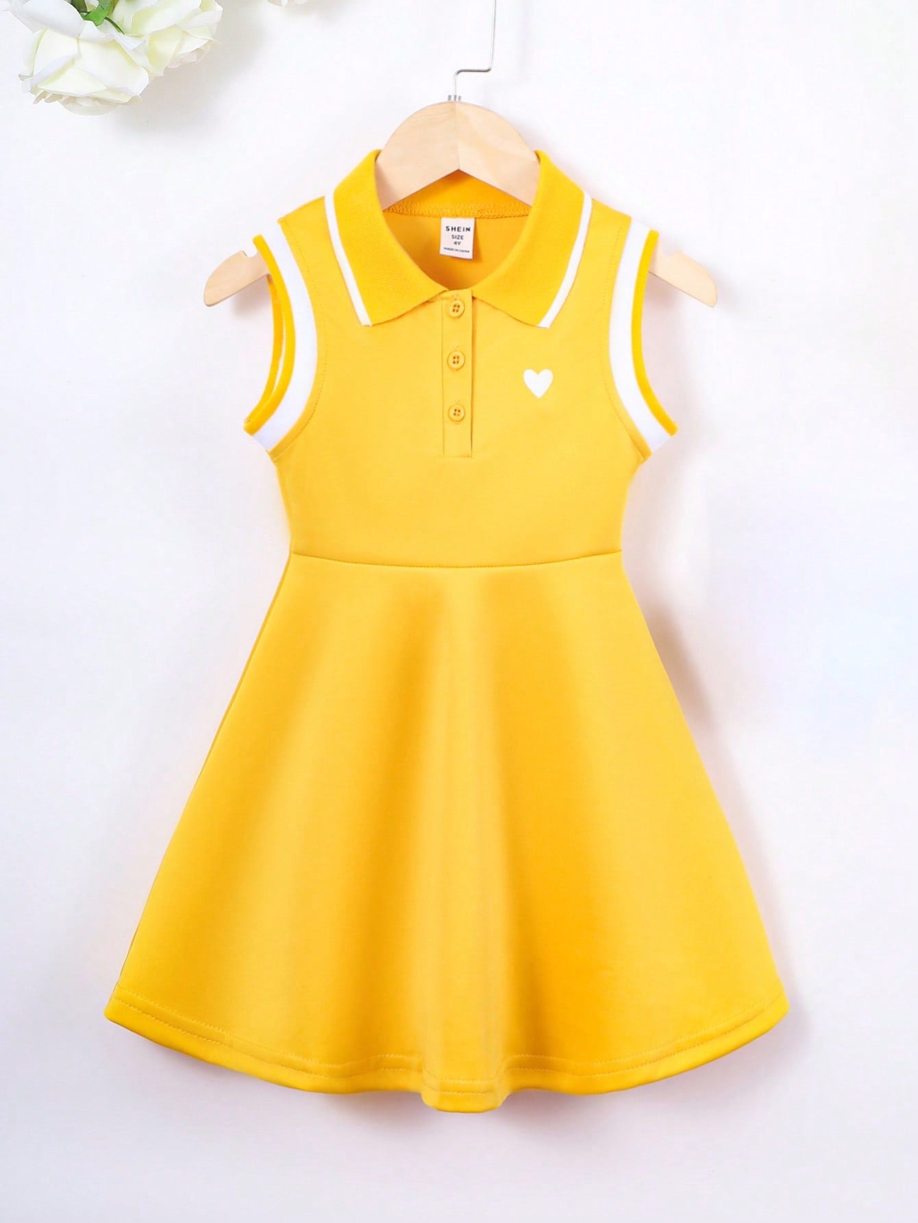 Kids Young Girl Preppy-Style Heart-Shaped Printed Striped Polo Collar Sleeveless Dress, Summer