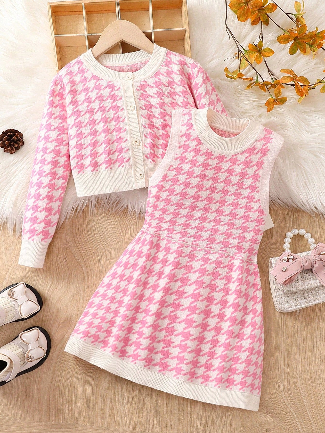 Young Girl Houndstooth Pattern Cardigan & Sweater Dress