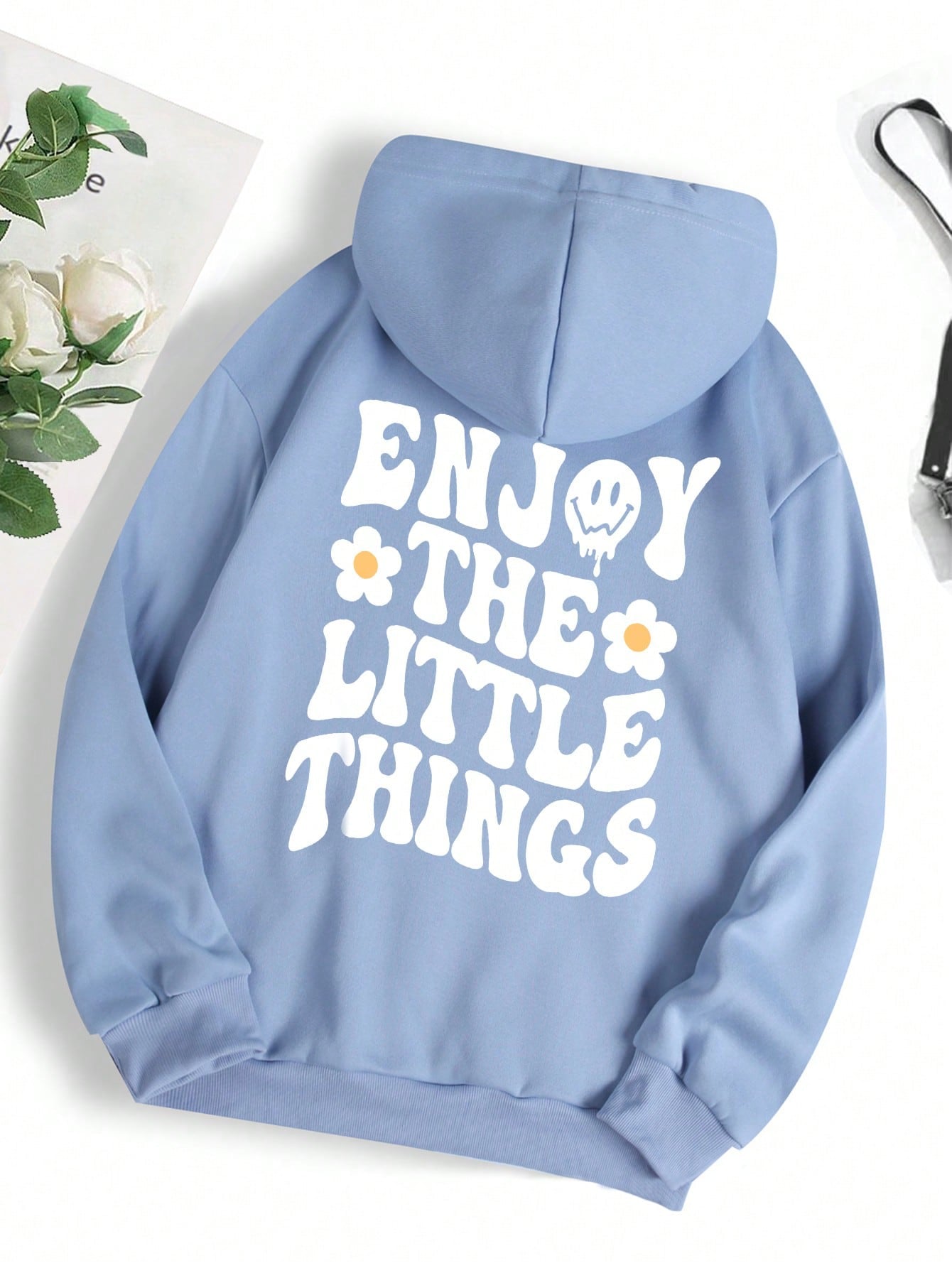 Slogan & Floral Print Kangaroo Pocket Drawstring Thermal Lined Hoodie ENJOY THE LITTLE THINGS