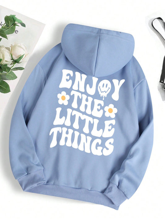 Slogan & Floral Print Kangaroo Pocket Drawstring Thermal Lined Hoodie ENJOY THE LITTLE THINGS