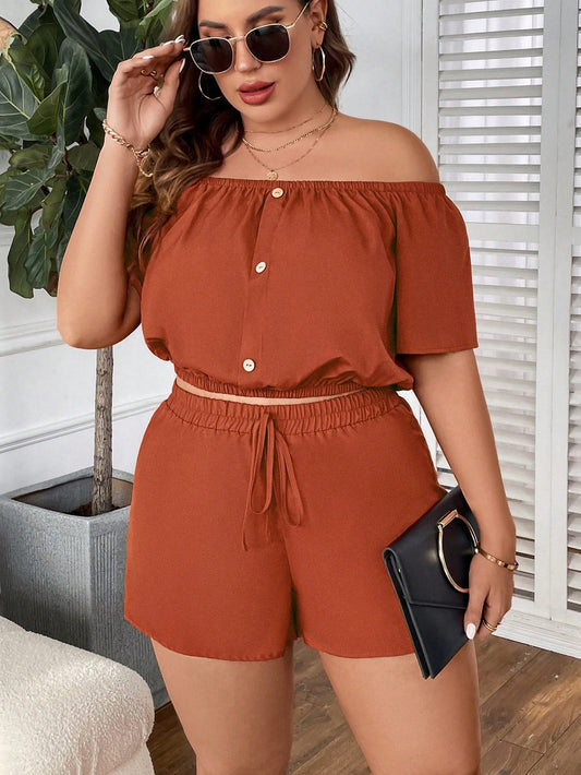 Plus Off Shoulder Button Front Top & Knot Front Shorts