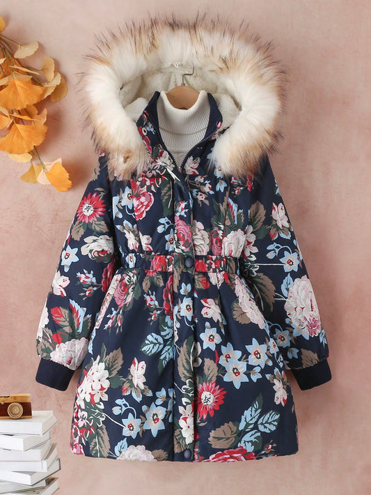 Tween Girl Floral Print Fuzzy Trim Hooded Parka Coat Without Sweater