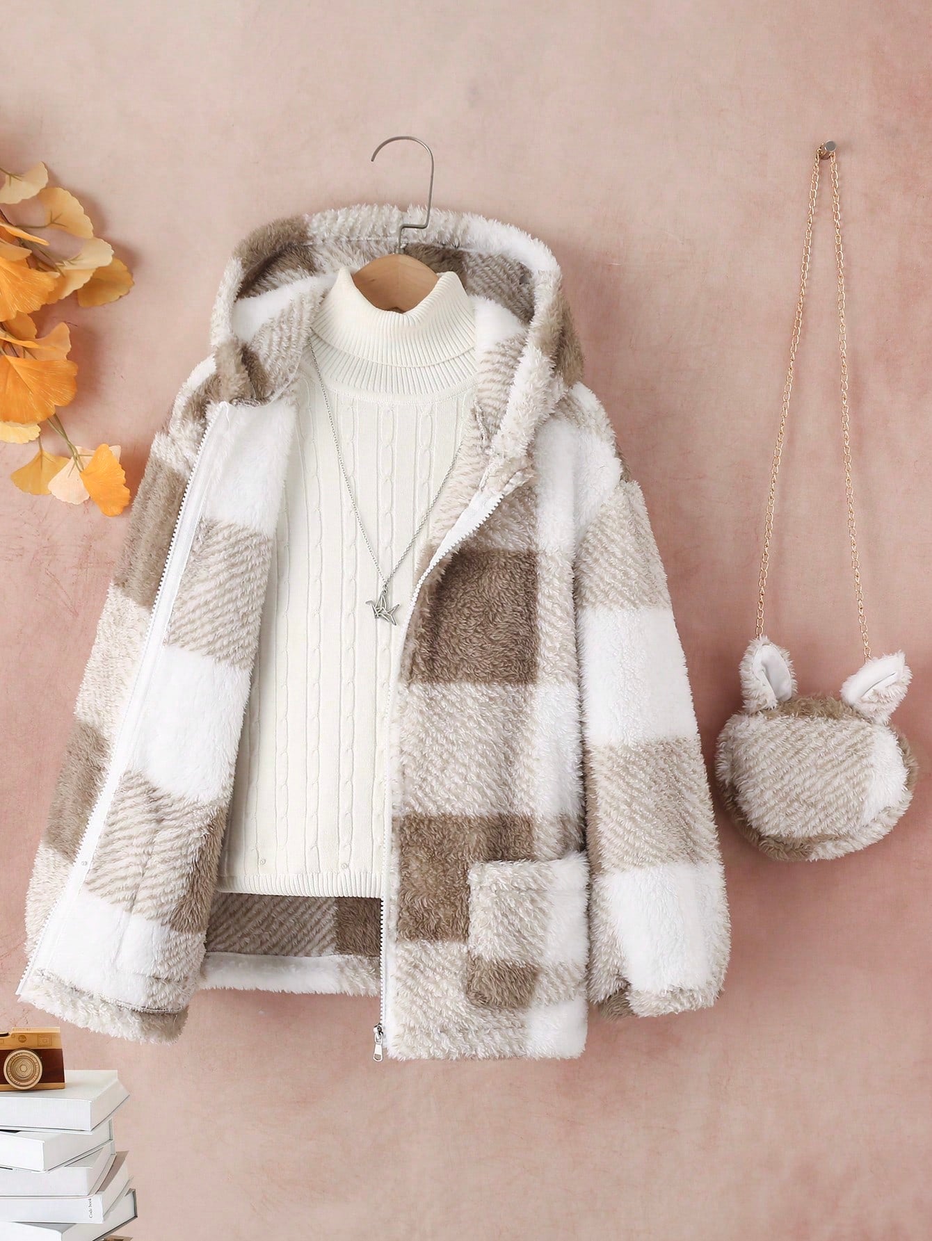 Tween Girl Buffalo Plaid Pattern Drop Shoulder Hooded Teddy Coat With Bag