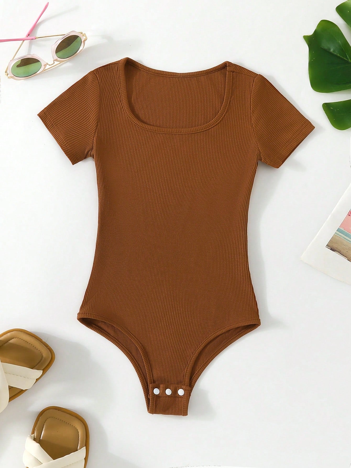 Tween Girl Knitted Ribbed Brown Bodysuit, Y2K Style Suitable For Daily Wear