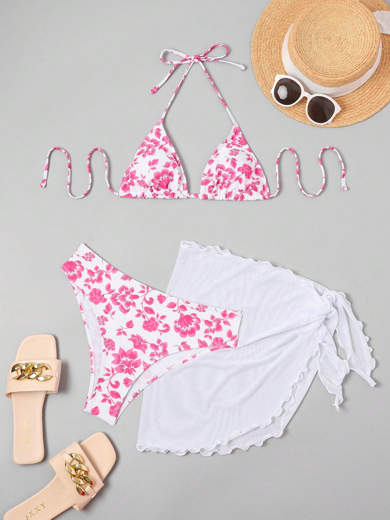 Swim Mod Summer Beach Floral Print Triangle Bikini Set With Beach Skirt