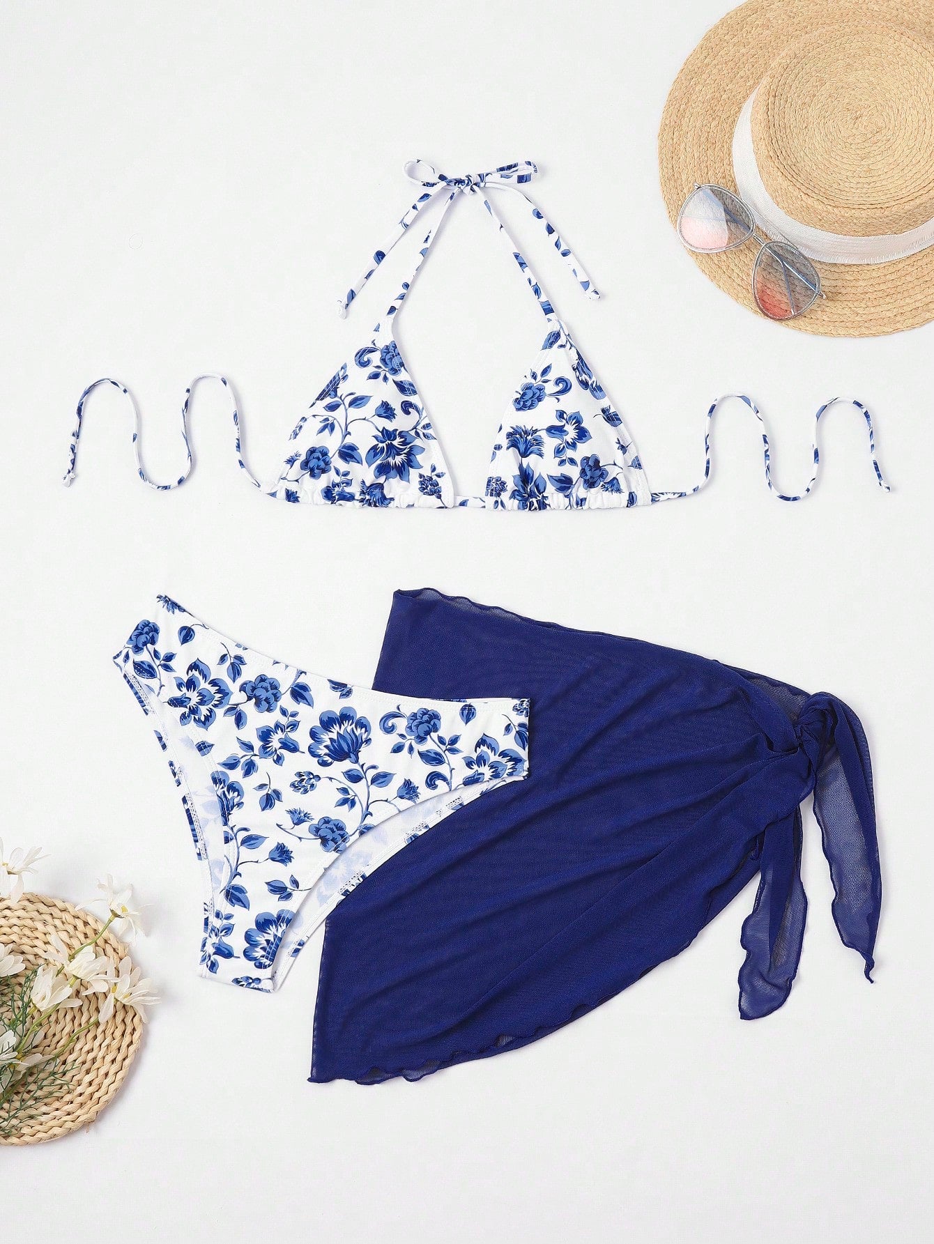 Swim Mod Summer Beach Floral Print Triangle Bikini Set With Beach Skirt