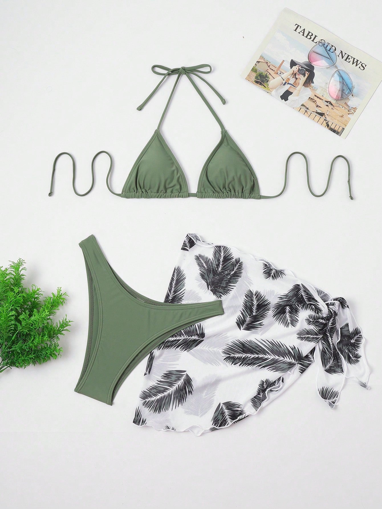 Swim Summer Beach Leaf Print Bikini Set Halter Triangle Bra & High Cut Bottom & Cover Up Skirt 3 Piece Bathing