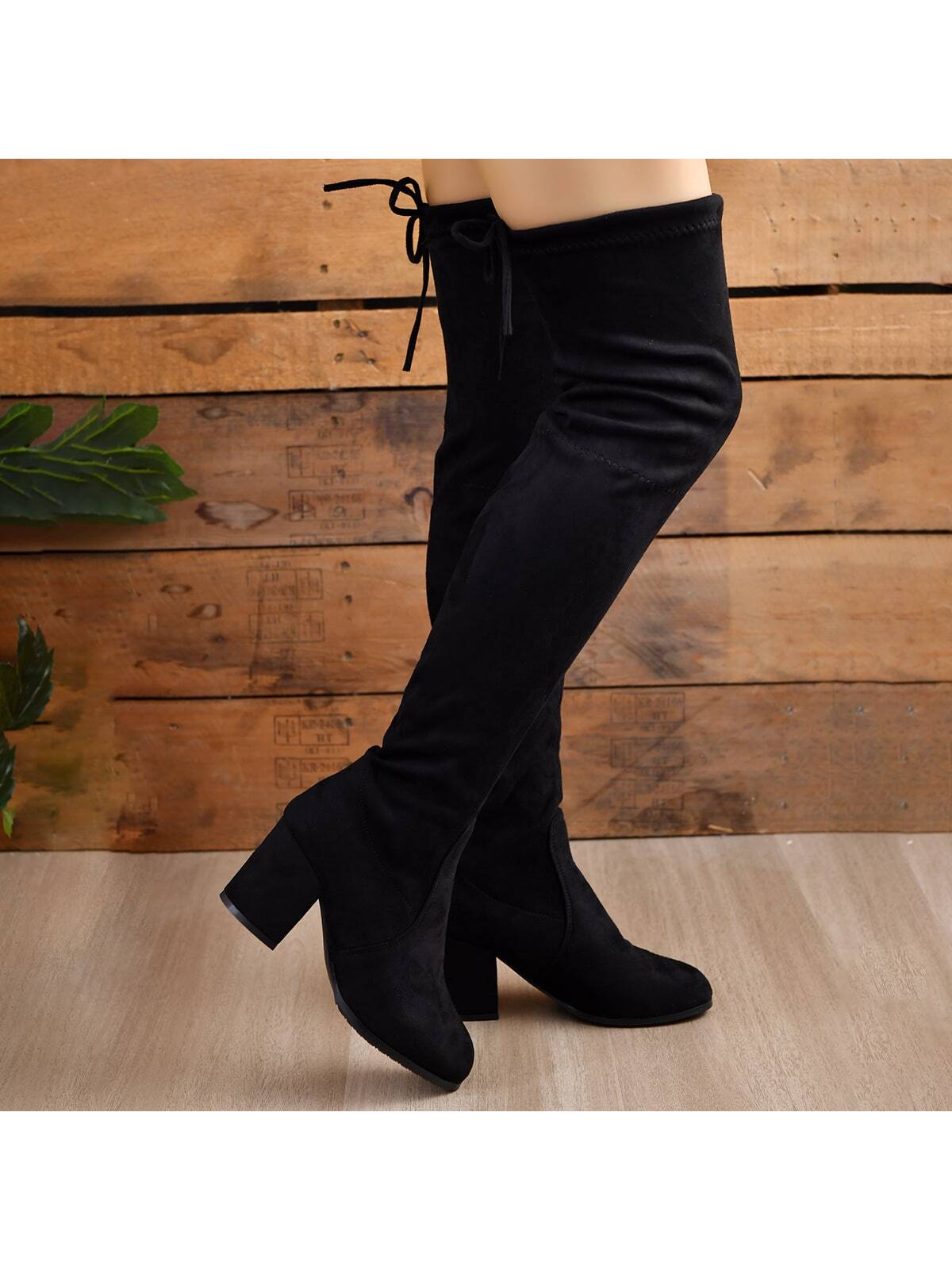 European And American Plus Size Ins Style Women's Over-the-knee High Heel Boots, Classic Black Women's Retro Knight Boots, Slim And Long Tube Women's Boots, Chunky Heel Mid-tube Elastic Band Belt Buckle Shoes, Winter