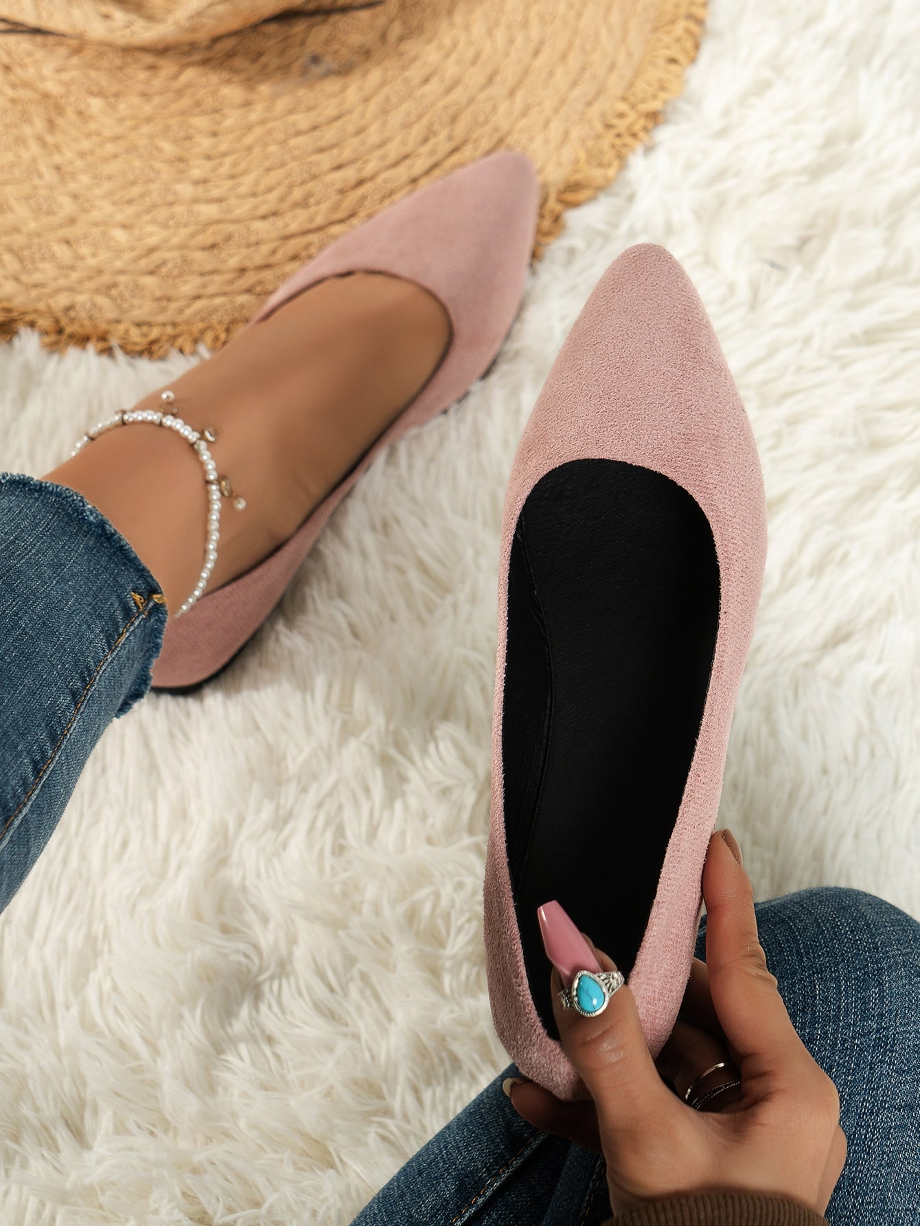 2023 Spring New Fairy Flat Shoes For Women, Pointed Toe Shallow Mouth Loafers In Pink With Soft Sole, Suitable For Work