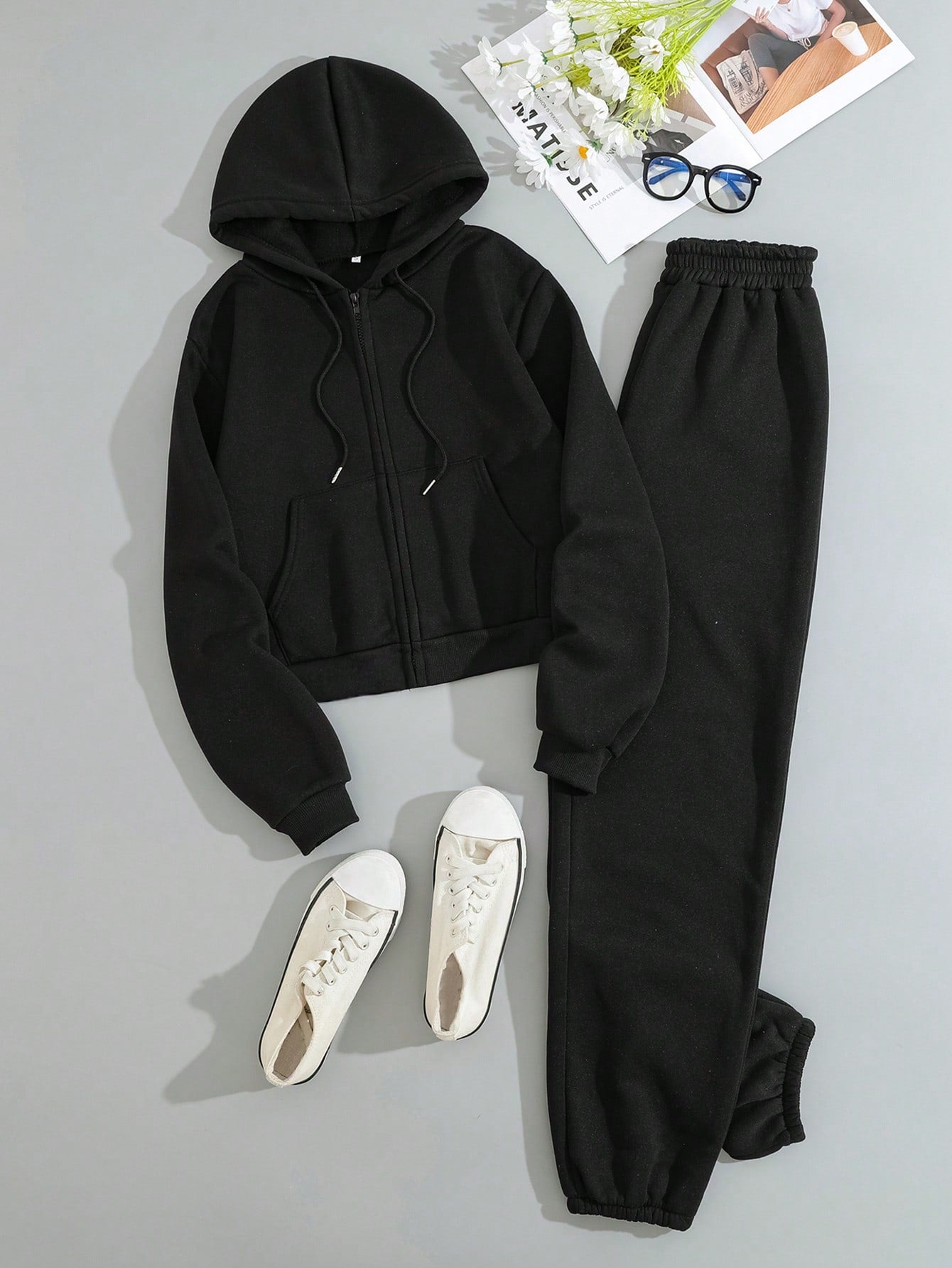 2pcs/Set Solid Color Long Sleeve Hoodie And Sport Pants