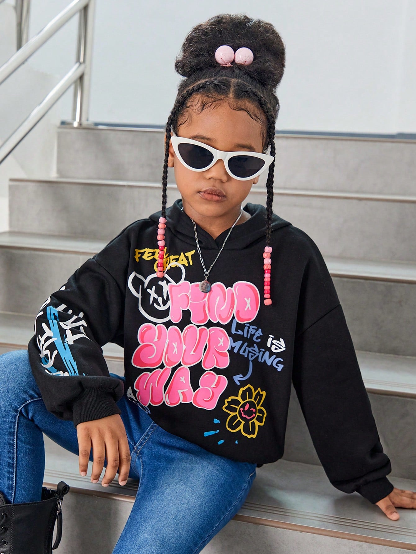 Tween Girl Slogan & Cartoon Graphic Drop Shoulder Thermal Hoodie