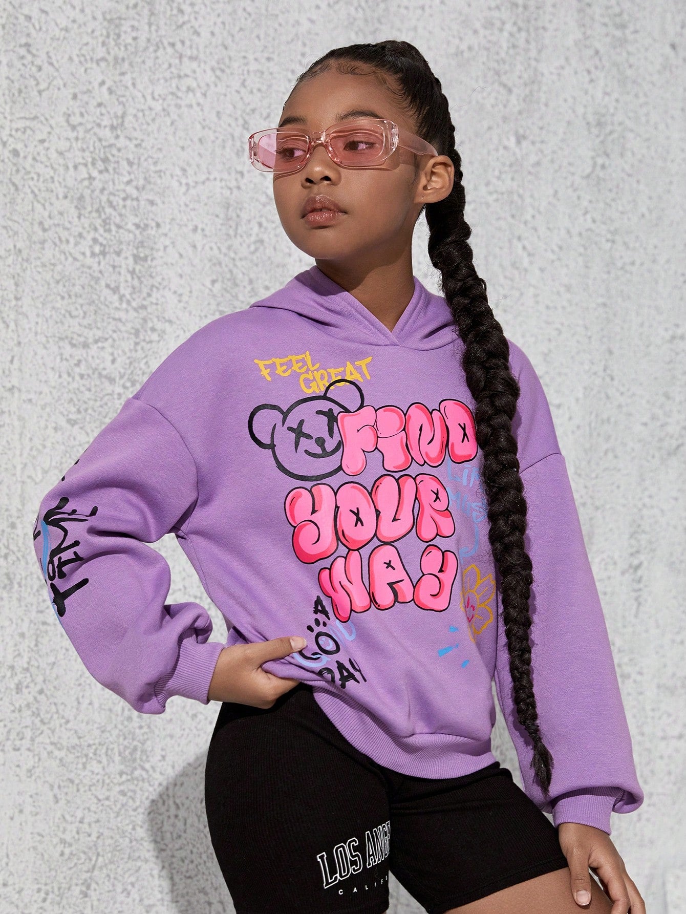 Tween Girl Slogan & Cartoon Graphic Drop Shoulder Thermal Hoodie