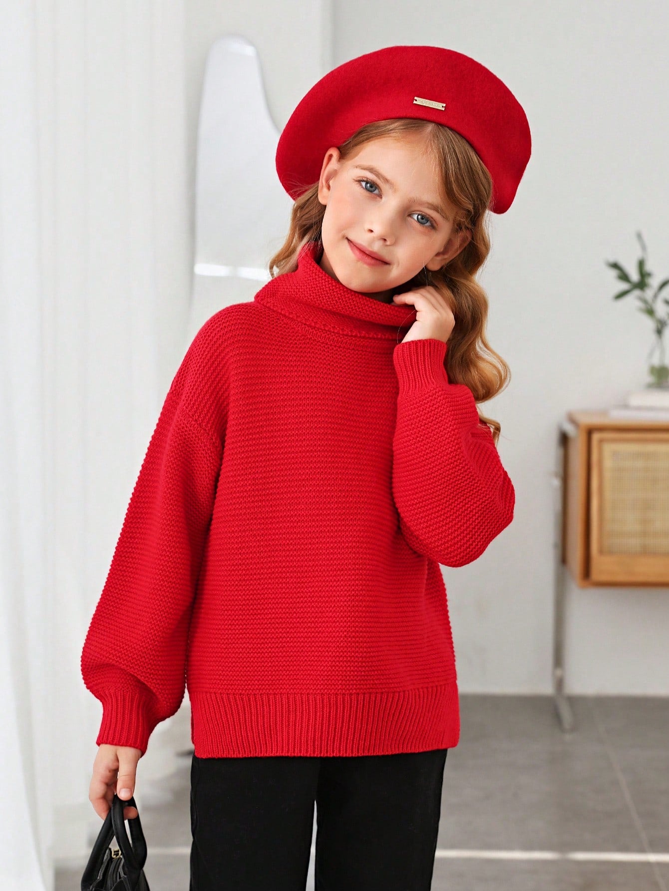 Tween Girl Turtleneck Lantern Sleeve Sweater