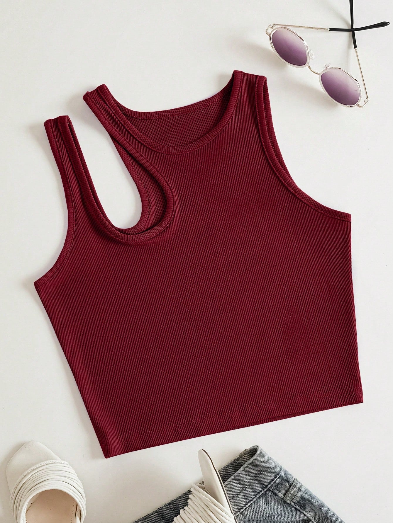 Solid Cut Out Shoulder Ribbed Knit Tank Top For Summer